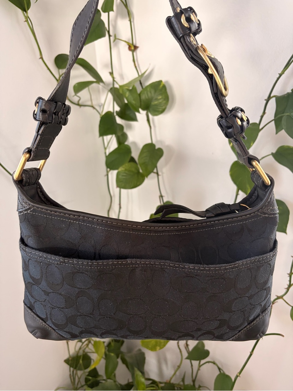 Coach Black Signature Jacquard Shoulder Bag with Gold-Tone Hardware